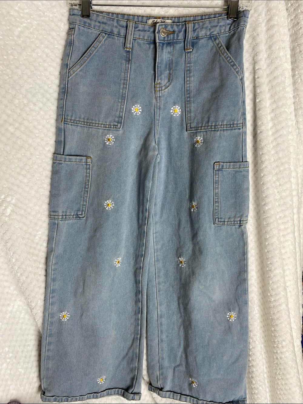Shoho Denim Light Blue Wash Daisy Flowers Embroidered Wide Leg Jeans